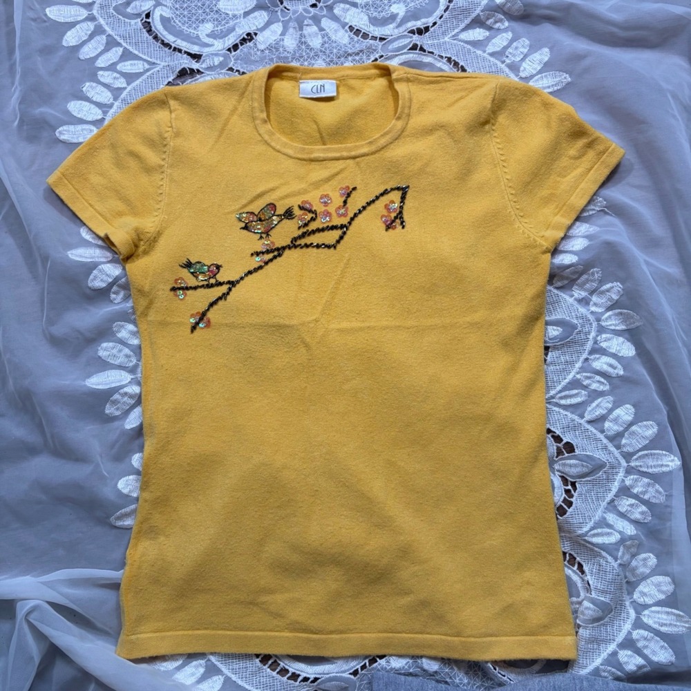 Vintage Beaded Cutie Fairy Yellow Knit Top Bird Sequins Beads Embellished Crew